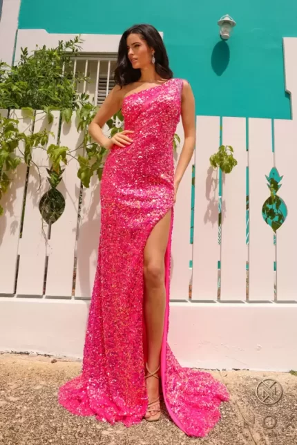 Stunning Full Sequin One Shoulder High Slit with Sweeping Train