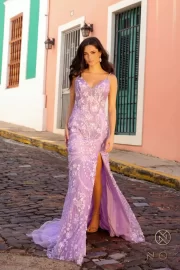 V-Neck Sequin Tulle Gown with Slit