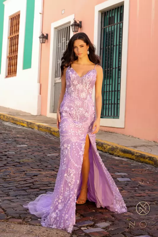 0012318_v-neck-sequin-tulle-gown-with-slit_800 V-Neck Sequin Tulle Gown with Slit - Image 1