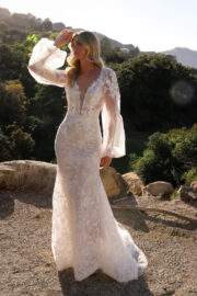 Plunged Neckline Puff Sleeve Embroidered Wedding Gown