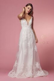 V-Neck Lace Trimmed Train A-Line Wedding Gown - Image 2