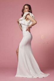 One Shoulder Ruffle Drape High Slit Wedding Gown - Image 2