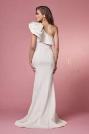 One Shoulder Ruffle Drape High Slit Wedding Gown - Image 6