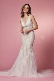 V-Neck Applique Tulle Train Wedding Gown - Image 2