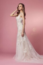 V-Neck Applique Tulle Train Wedding Gown - Image 3