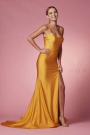 Satin Scoop Neck Gown with Slit - Image 6