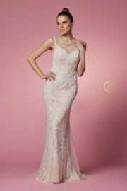 Fitted Illusion Neckline Floral Appliqued Wedding Gown - Image 6