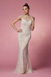 Fitted Illusion Neckline Floral Appliqued Wedding Gown - Image 2