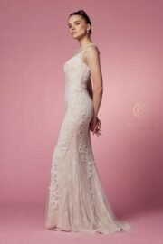 Fitted Illusion Neckline Floral Appliqued Wedding Gown - Image 4