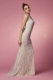 Fitted Illusion Neckline Floral Appliqued Wedding Gown - Image 3