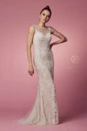 Fitted Illusion Neckline Floral Appliqued Wedding Gown