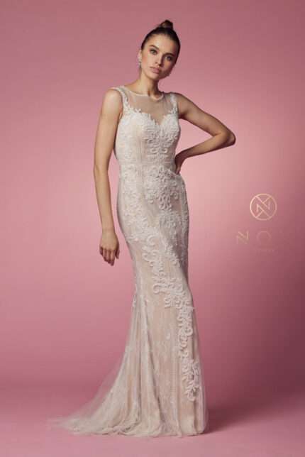 Fitted Illusion Neckline Floral Appliqued Wedding Gown