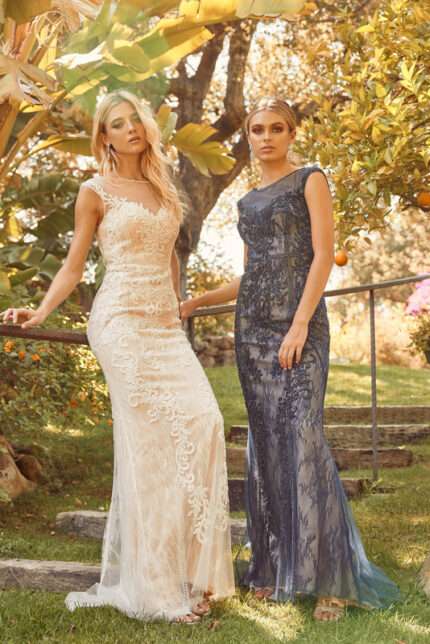 Fitted Illusion Neckline Floral Appliqued Wedding Gown