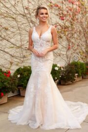 V-Neck Applique Tulle Train Wedding Gown