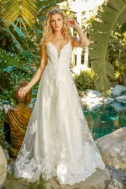 V-Neck Lace Trimmed Train A-Line Wedding Gown