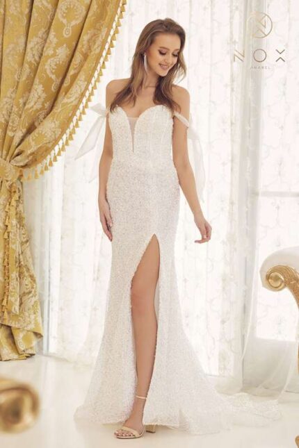 Full bodice Beadwork Embroidered details Strapless Gown with Slit