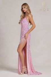 Fully Sequin Sleeveless Gown with Fringed Slit - Image 3