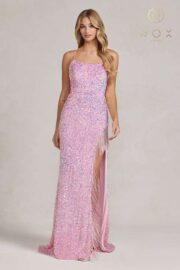 Fully Sequin Sleeveless Gown with Fringed Slit - Image 4
