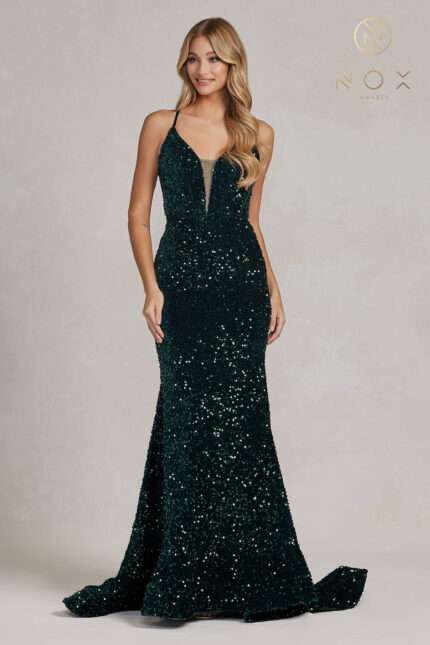 Glimmering Sequins Plunging V-neckline and Illusion inset - lace-up back