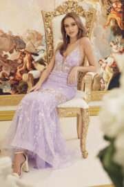 Lace-Up Plunged Neckline Glitter Floral Gown - Image 2
