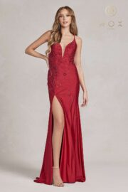 Long Stretch Satin Embellished with intricate beads and a deep illusion V-neckline - Image 4