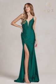 Long Stretch Satin Embellished with intricate beads and a deep illusion V-neckline - Image 6
