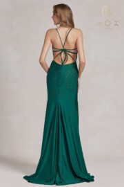 Long Stretch Satin Embellished with intricate beads and a deep illusion V-neckline - Image 7
