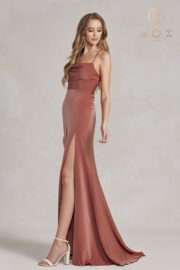 Fitted Satin Gown with Chic Cowl Neckline and Lace-Up Back! - Image 3