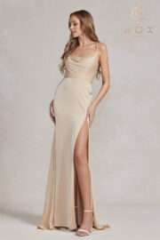 Fitted Satin Gown with Chic Cowl Neckline and Lace-Up Back! - Image 4