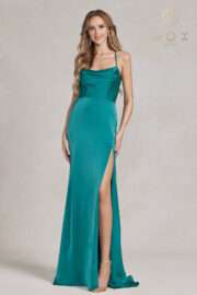 Fitted Satin Gown with Chic Cowl Neckline and Lace-Up Back! - Image 6