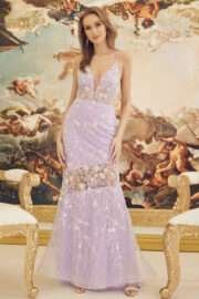Lace-Up Plunged Neckline Glitter Floral Gown