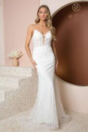 Embroidered Plunged Neckline Lace Up Wedding Gown - Image 2