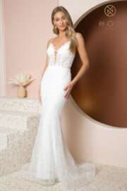 Embroidered Plunged Neckline Lace Up Wedding Gown - Image 3