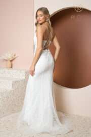 Embroidered Plunged Neckline Lace Up Wedding Gown - Image 4