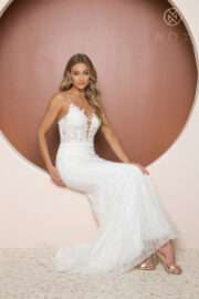 Embroidered Plunged Neckline Lace Up Wedding Gown