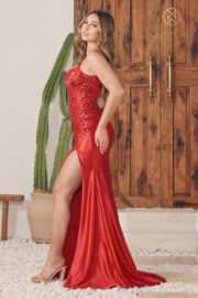 Satin gown adorned with stunning embroidery accentuating the bustier corset. - Image 8