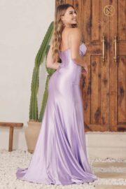Long Fitted Satin Beaded Bustline Slit Dress - Image 7