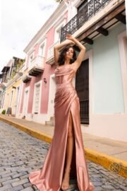 Cowl Neck Stretch Satin Dress with Bustier Corset and High Slit - Image 5