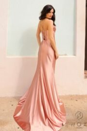 Cowl Neck Stretch Satin Dress with Bustier Corset and High Slit - Image 7