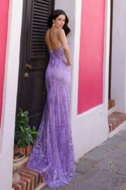 Deep V-Neck Floral Embroidered Tulle Gown - Image 3