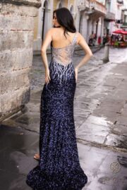 One-Shoulder Illusion Back Sequin Gown with Slit - Image 2