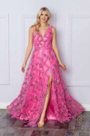 Deep V-Neck Floral Sheath Dress with Slit - Image 2