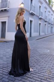 Long gown features a strapless corset bodice with rhinestones - Image 8