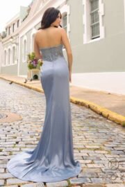 Long gown features a strapless corset bodice with rhinestones - Image 12