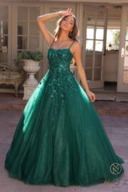 Glitter-Tulle Long Ball Gown Shimmer Sequin Lace-Up Back