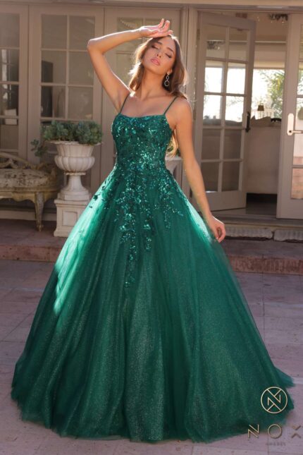 Glitter-Tulle Long Ball Gown Shimmer Sequin Lace-Up Back