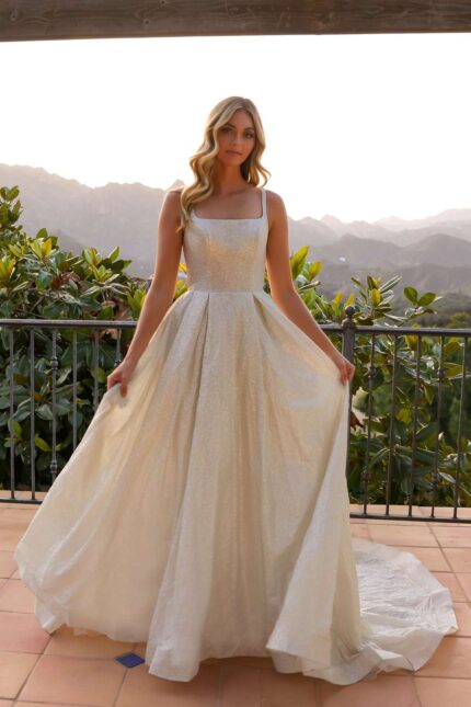 GLITTER MATERIAL A-LINE BALL GOWN DRESS WITH STRAIGHT SQUARE NECKLINE