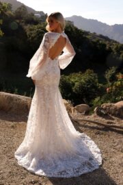 Plunged Neckline Puff Sleeve Embroidered Wedding Gown - Image 2