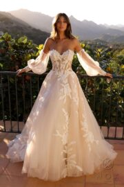 Puff Sleeve Floral Embroidered Corset Wedding Gown