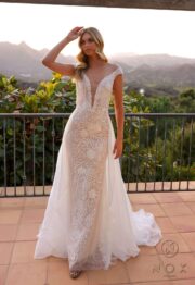 Plunged Neckline Beaded Wedding Gown with Overskirt - Image 4